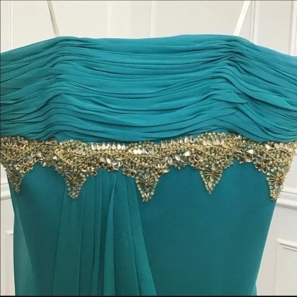 Marchesa Teal Strapless pleated and draped silk Dress with Gold beaded accent. - Picture 5 of 13